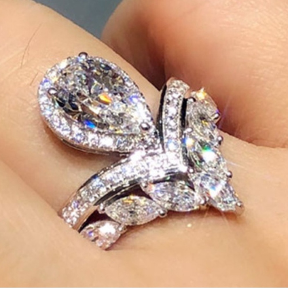 Diamond, Simulated, Pear Marquise Cut Cubic Zirconia Rings Teardrop Glam Ring